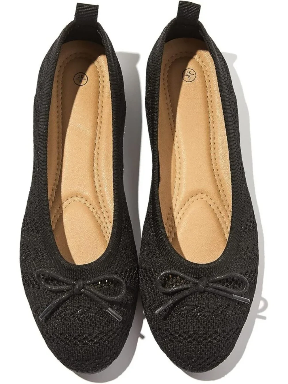 Women's Black Crochet Lace Round Toe Solid Comfortable Low Heel Ballet Flats